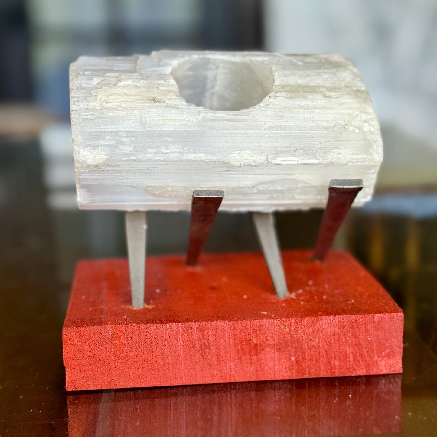 A Vintage Hand cut Natural Selenite Brazil Tealight Candleholder Crystal Charger