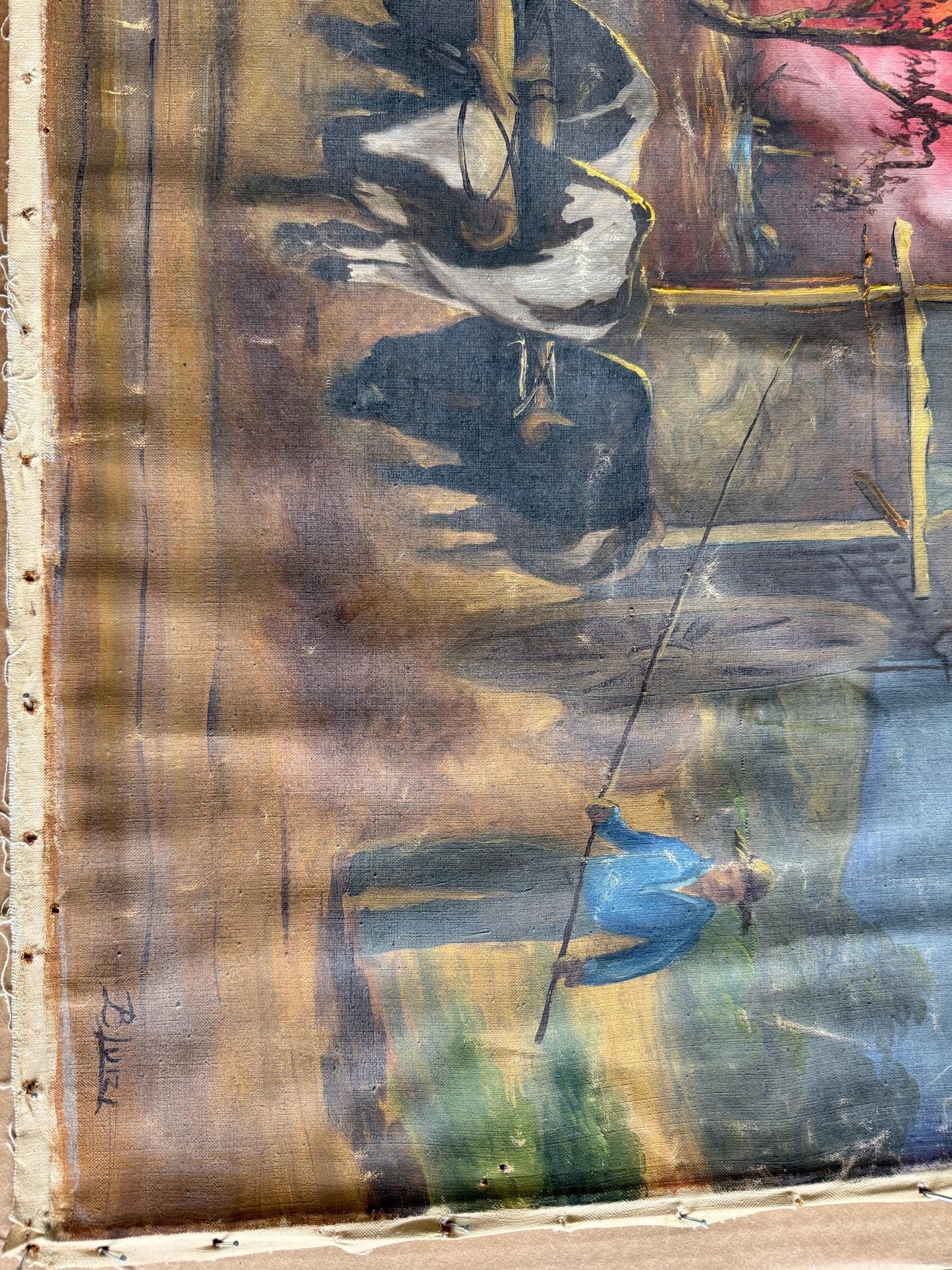 An Old Original Painting Signed Benedito Luizi Cowboy Western Wagon Mill Road