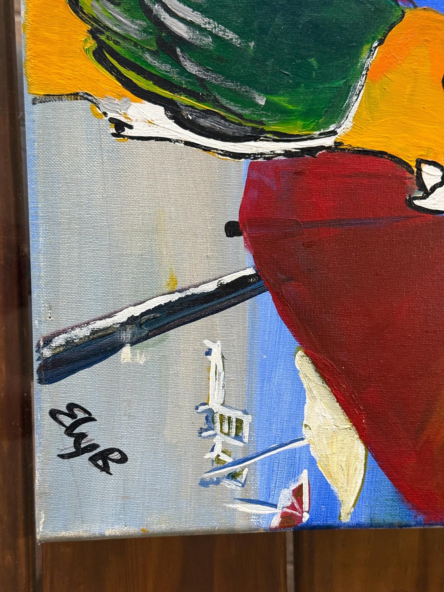 A Signed Artist Original Artwork Art Painted Canvas Island Parrot wearing Goggle