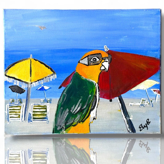 A Signed Artist Original Artwork Art Painted Canvas Island Parrot wearing Goggle