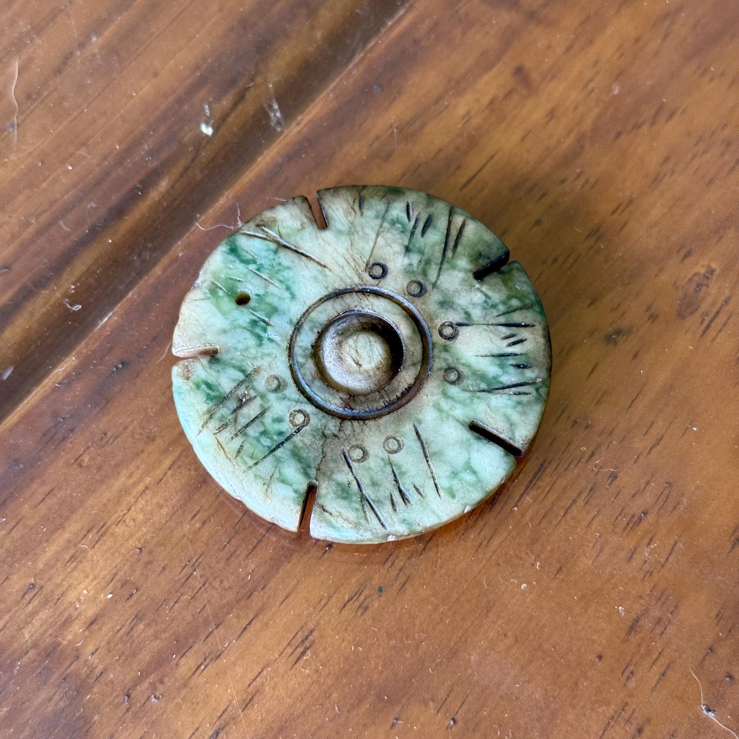 An Antique Carved all White Green Jade Medallion 2” Pendant Spinning Pray Wheel