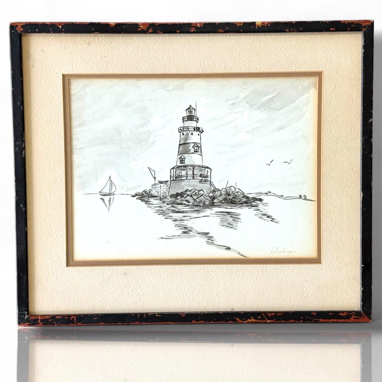 Seaside Lighthouse Pen & Ink Drawing – Vintage Framed Original Art Signed Classic Coastal Home Decor