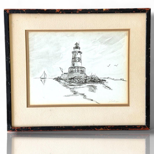 Seaside Lighthouse Pen & Ink Drawing – Vintage Framed Original Art Signed Classic Coastal Home Decor
