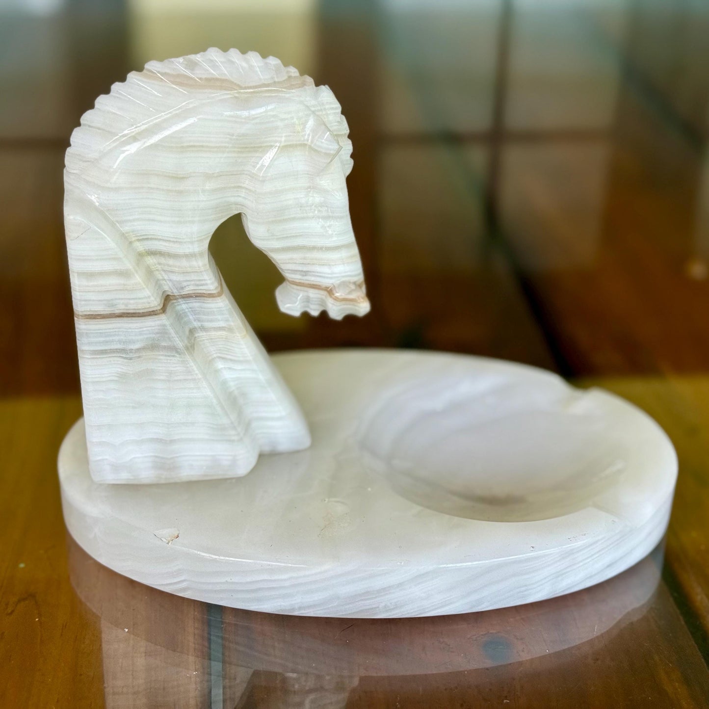 A Handmade Ashtray White Marble Onyx Sculptured Chess Trojan Horse Head Display