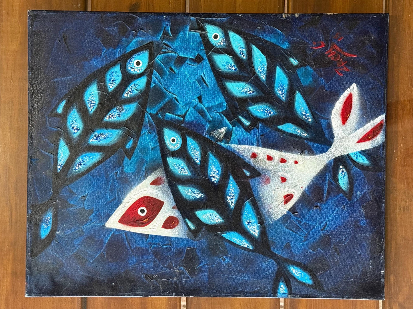 Modern Stylized Fish Art Red White Blue Acrylic Painting Signed Original Canvas