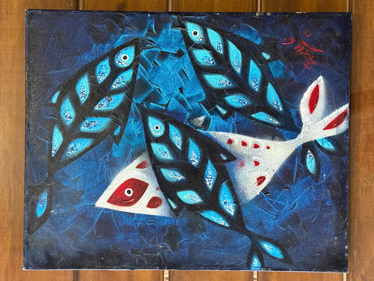 Modern Stylized Fish Art Red White Blue Acrylic Painting Signed Original Canvas