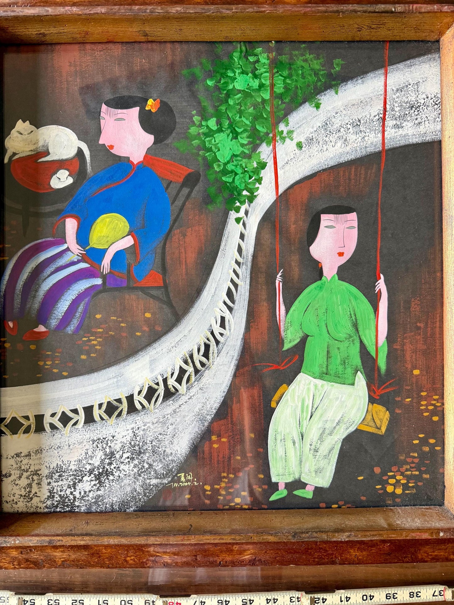 A Wu Chi Yong Chinese Modernist Original Watercolor Gouache Woman, Lady’s, Cat