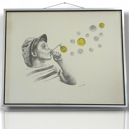 An Original Wolfgang M Otto Pencil Drawing  Boy Blowing Bubble Signed Framed Art