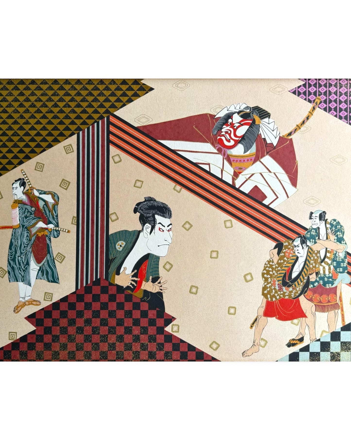 A Vintage Japanese Geisha Woodblock Painting Art Samurai Katana Artist Artwork