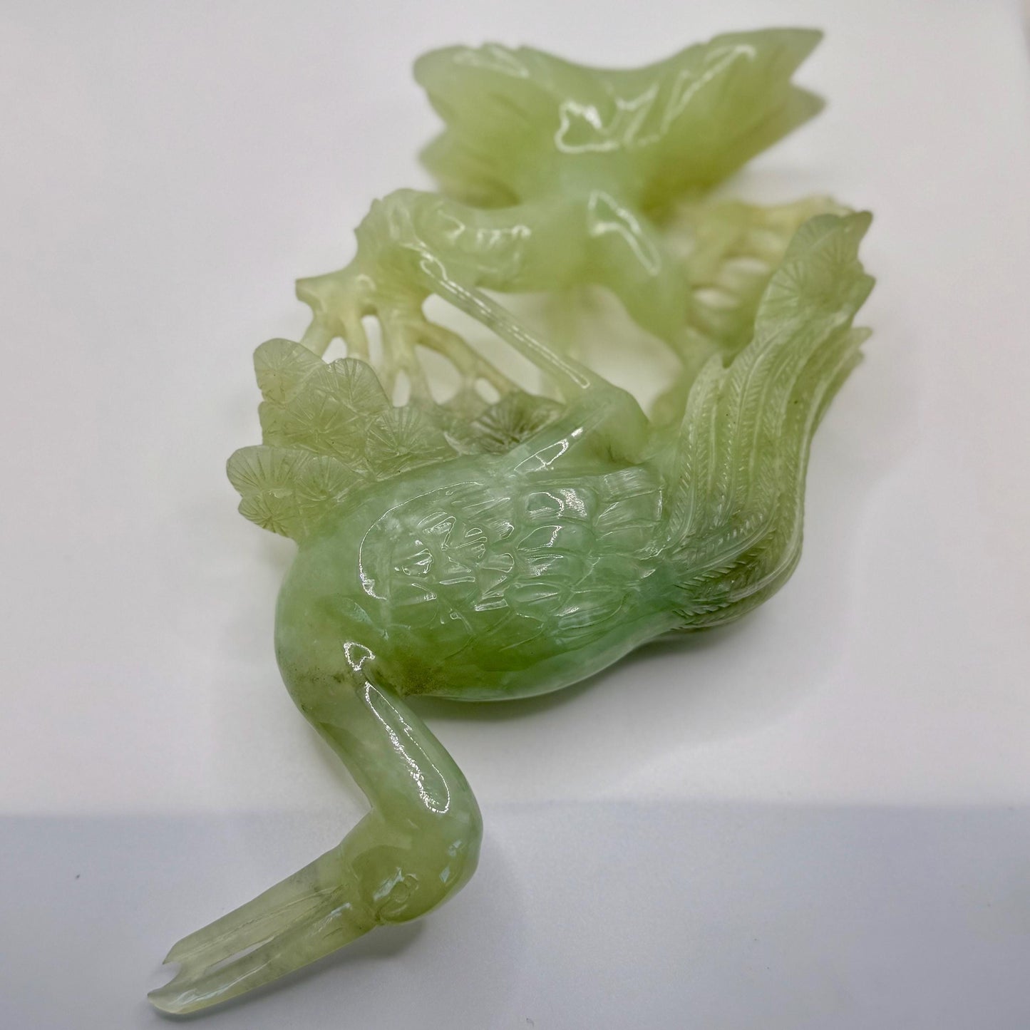 Antique Chinese Hand-Carved Light Green Jade Crane Bird Prunus Flower Sculpture Art