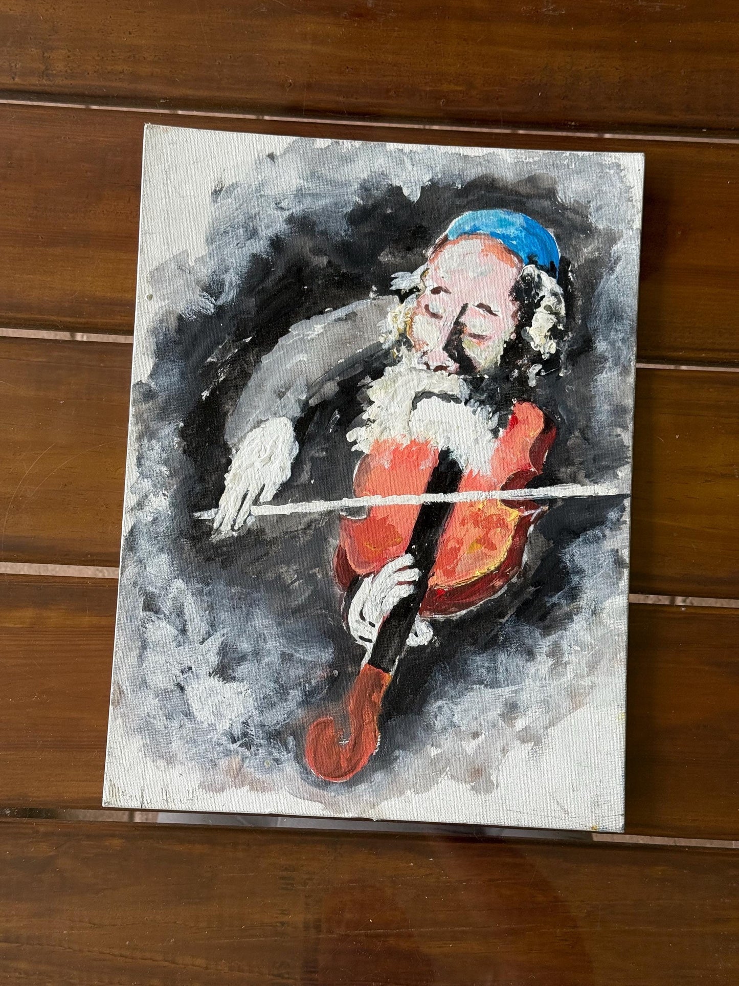 Artist original artwork painted canvas violinist soulful music art Judaica vintage