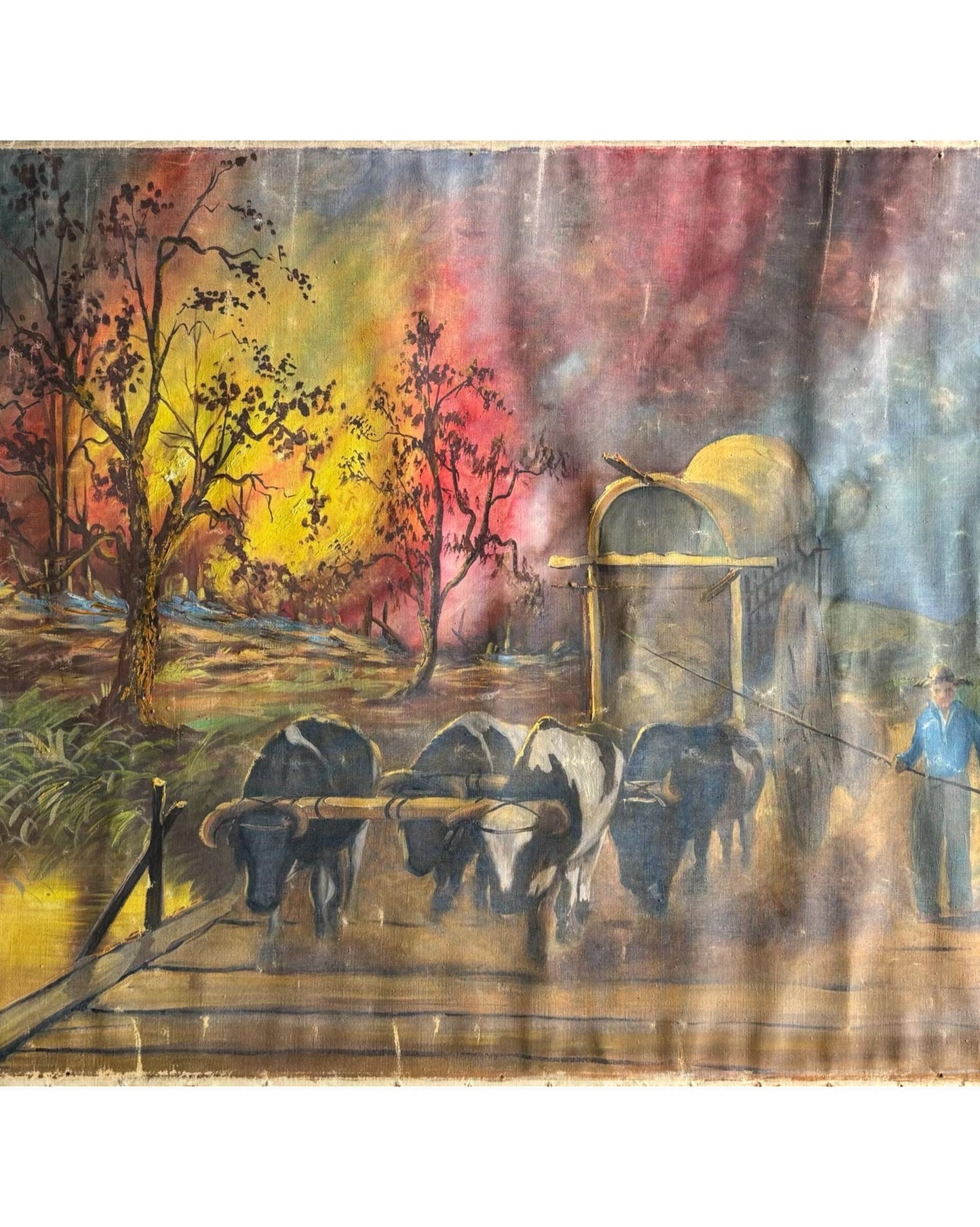 An Old Original Painting Signed Benedito Luizi Cowboy Western Wagon Mill Road