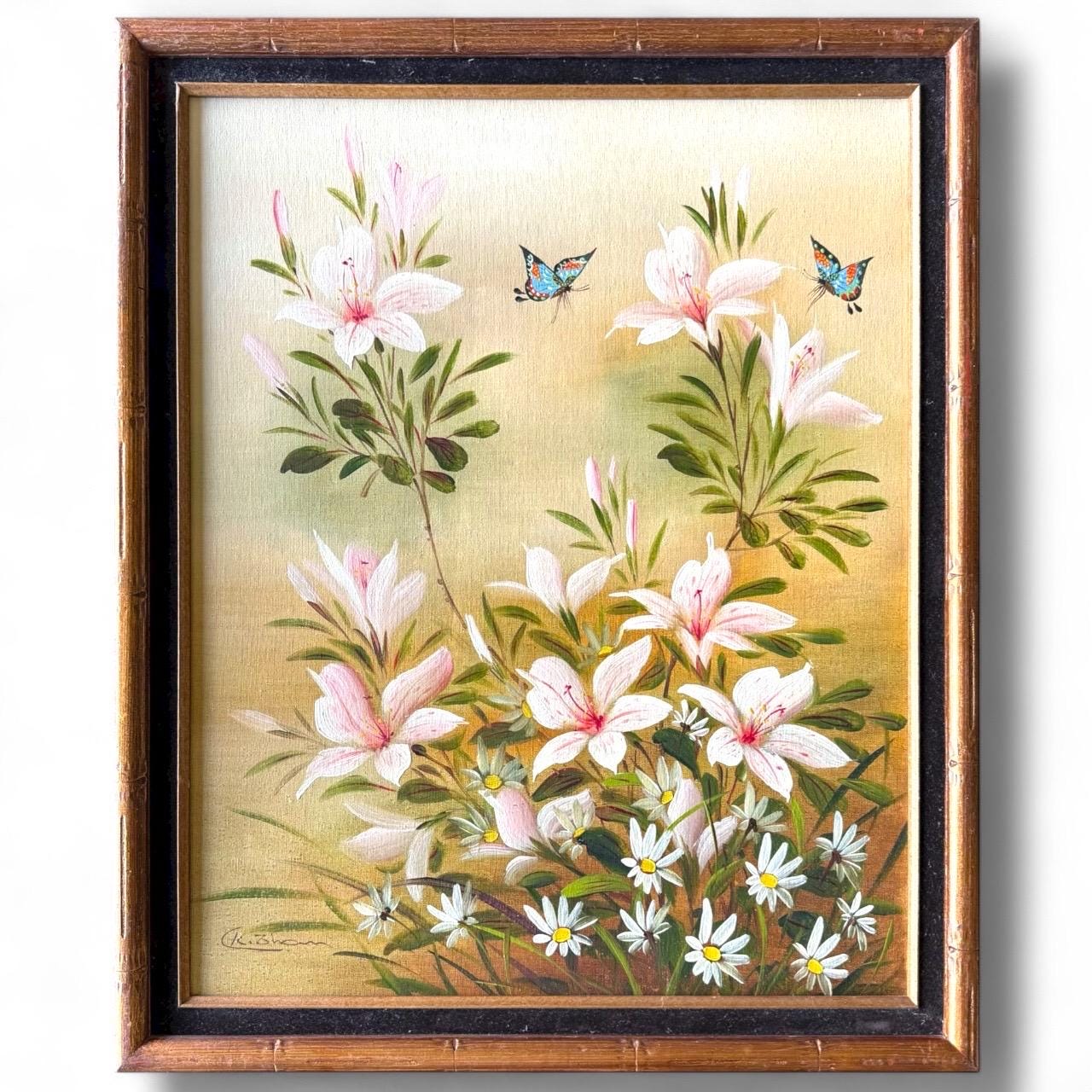 A Painted Canvas Original Art Signed CK Pink Stargazer Lily Flowers Butterflies