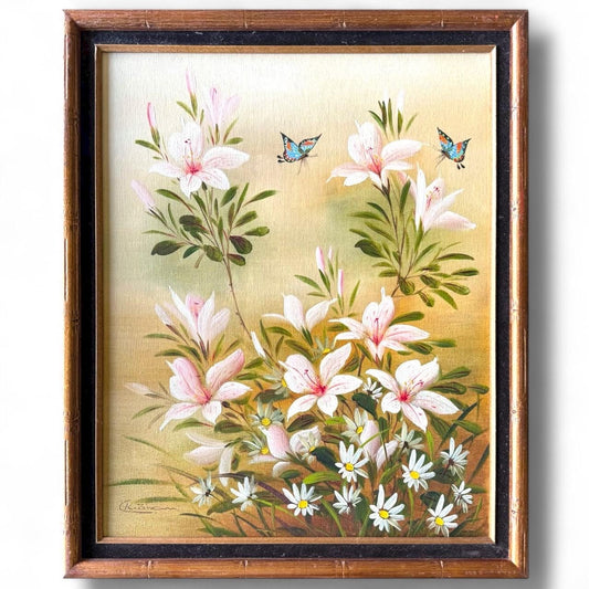 A Painted Canvas Original Art Signed CK Pink Stargazer Lily Flowers Butterflies