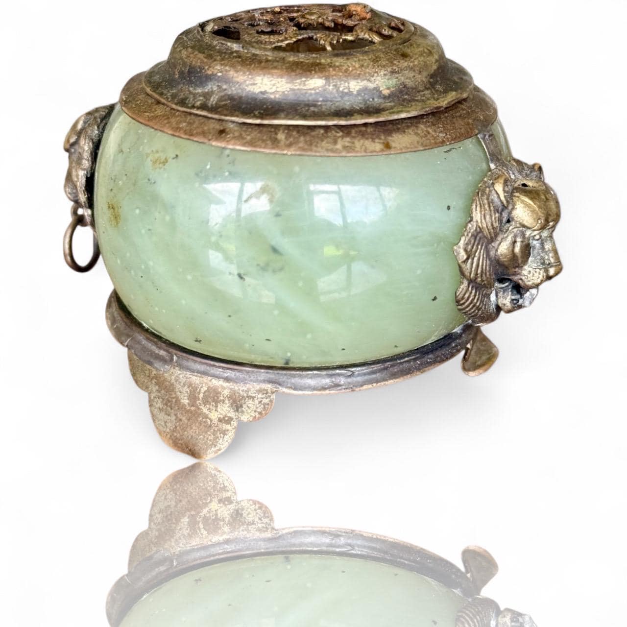 Antique Green Nephrite Jade and White Metal Foo Dog Dragon Incense Burner Jar Chinese