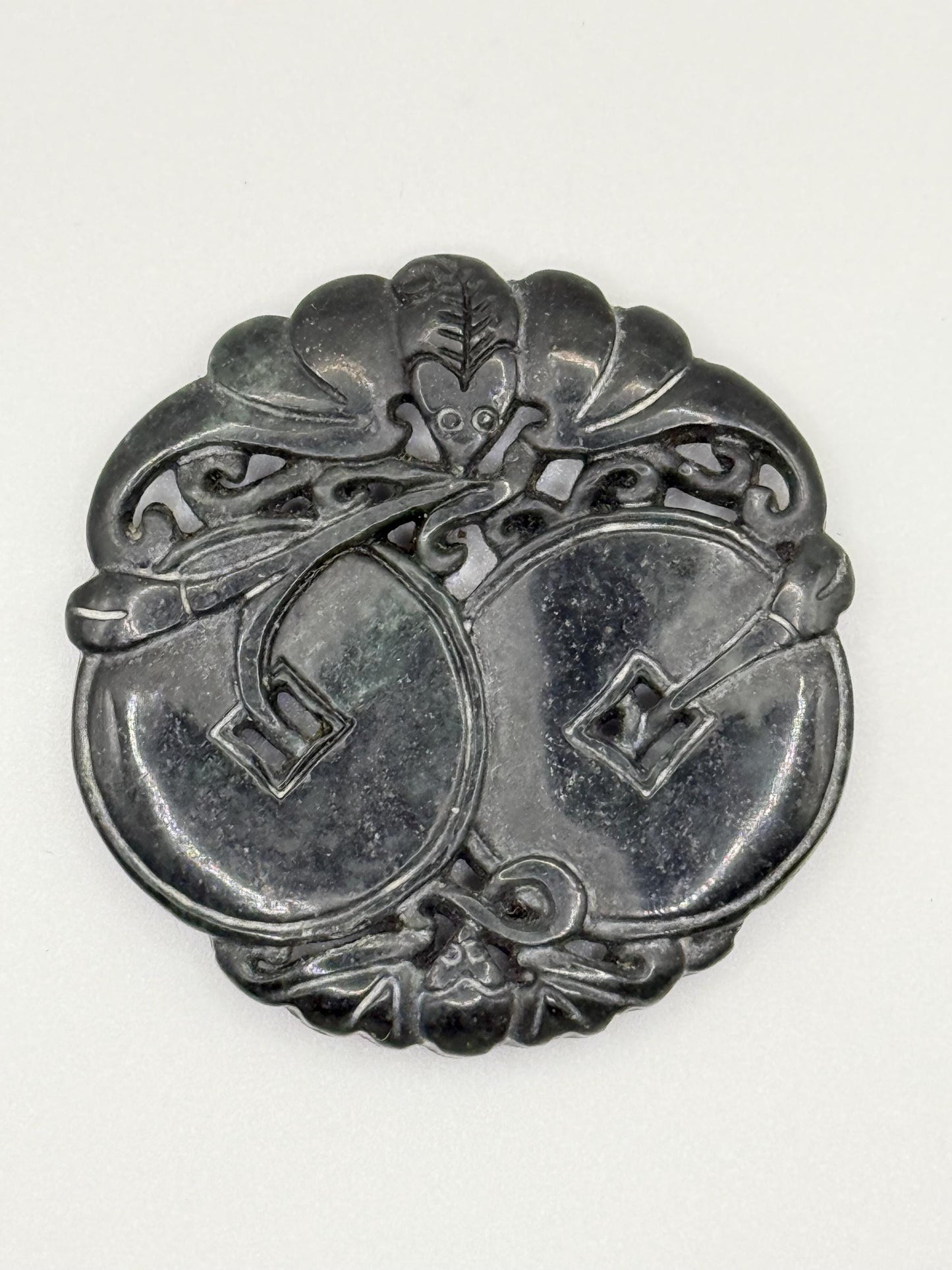 An Old Asian Natural Black Jade Amulet Round Hand Carved Bat Coin Medallion Art