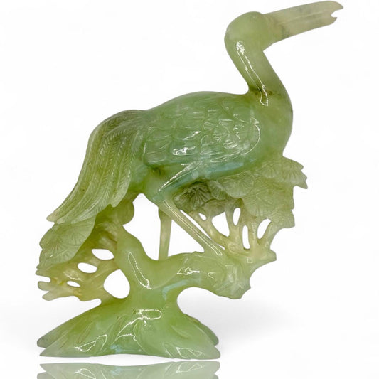 Antique Chinese Hand-Carved Light Green Jade Crane Bird Prunus Flower Sculpture Art