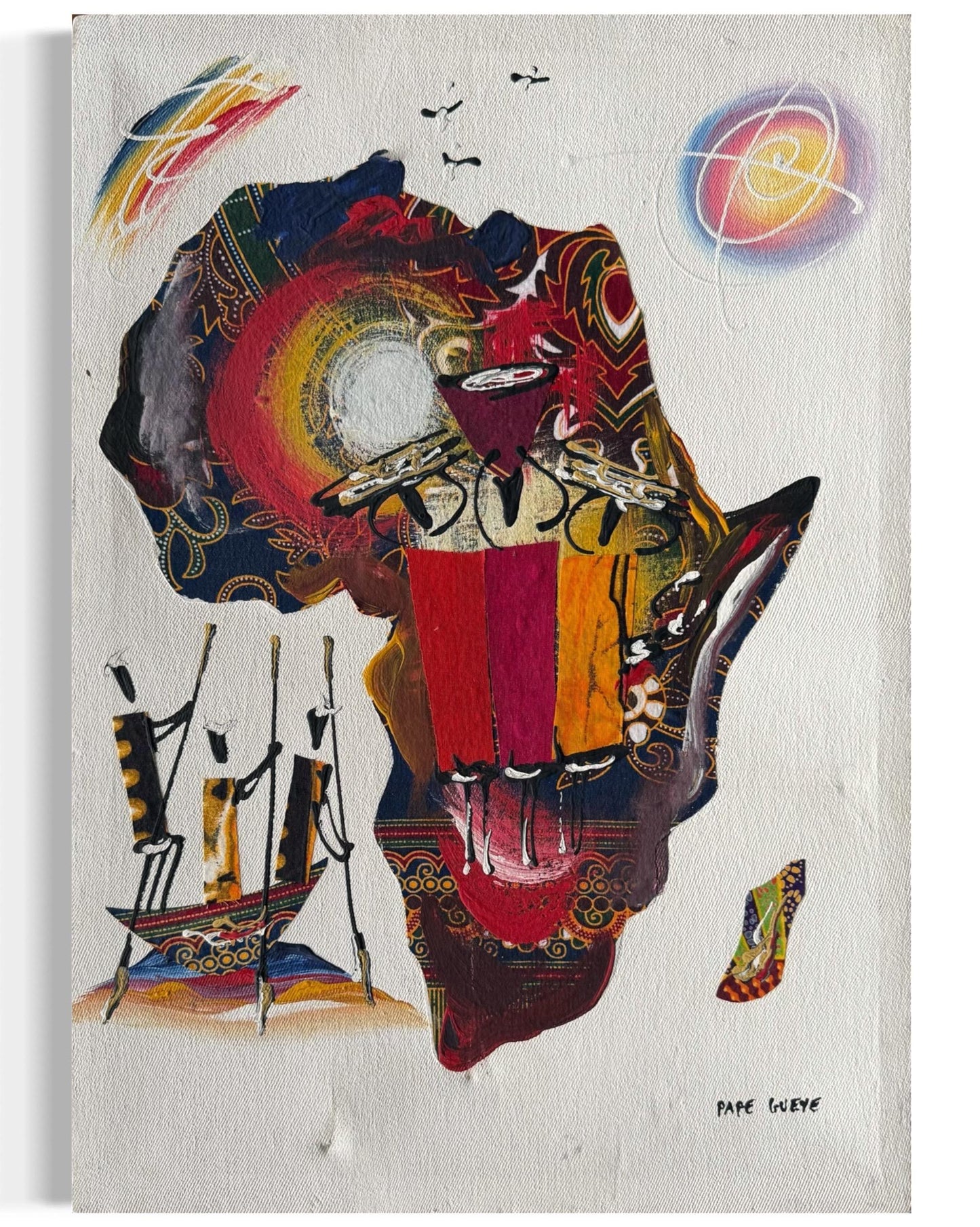 A Canvas Painted Fabric Signed Senegal Artist Pape Daouda Gueye Africa Continent