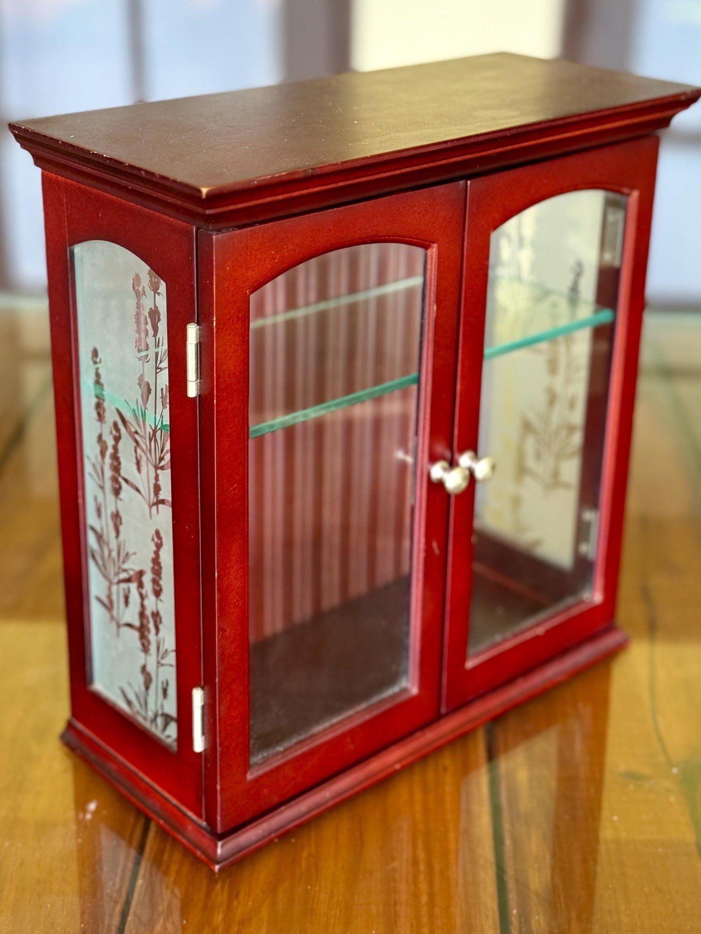 A Cherry Wood Glass Trinket Vintage Wall Hanging Display Jewelry Charm Cabinet