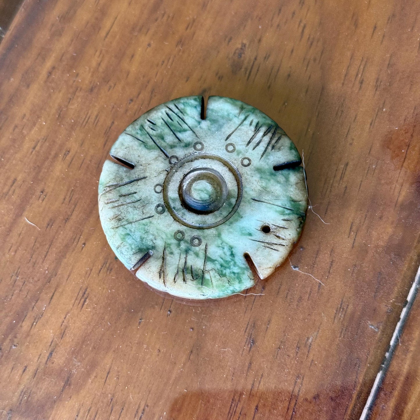 An Antique Carved all White Green Jade Medallion 2” Pendant Spinning Pray Wheel