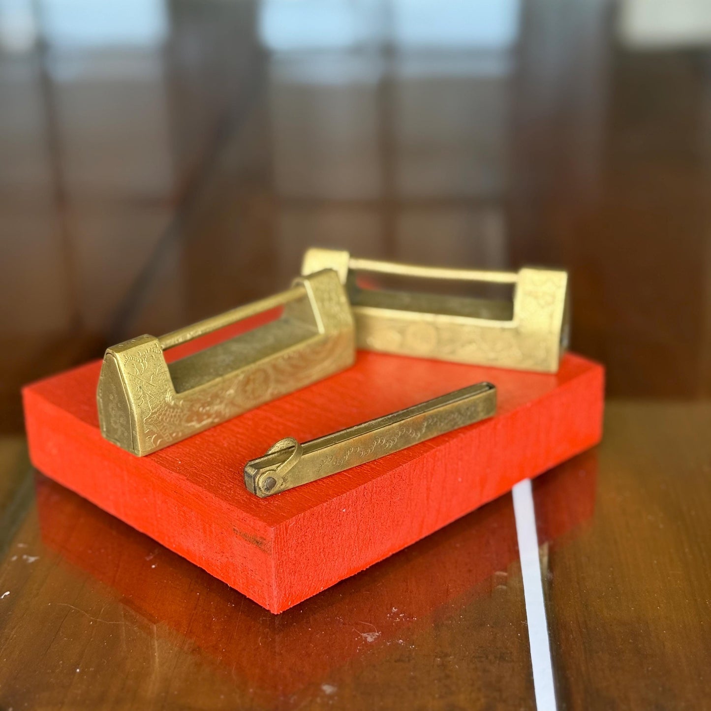 An Antique Chinese Brass Padlocks with Key Both Engraved All Sides and Key Works