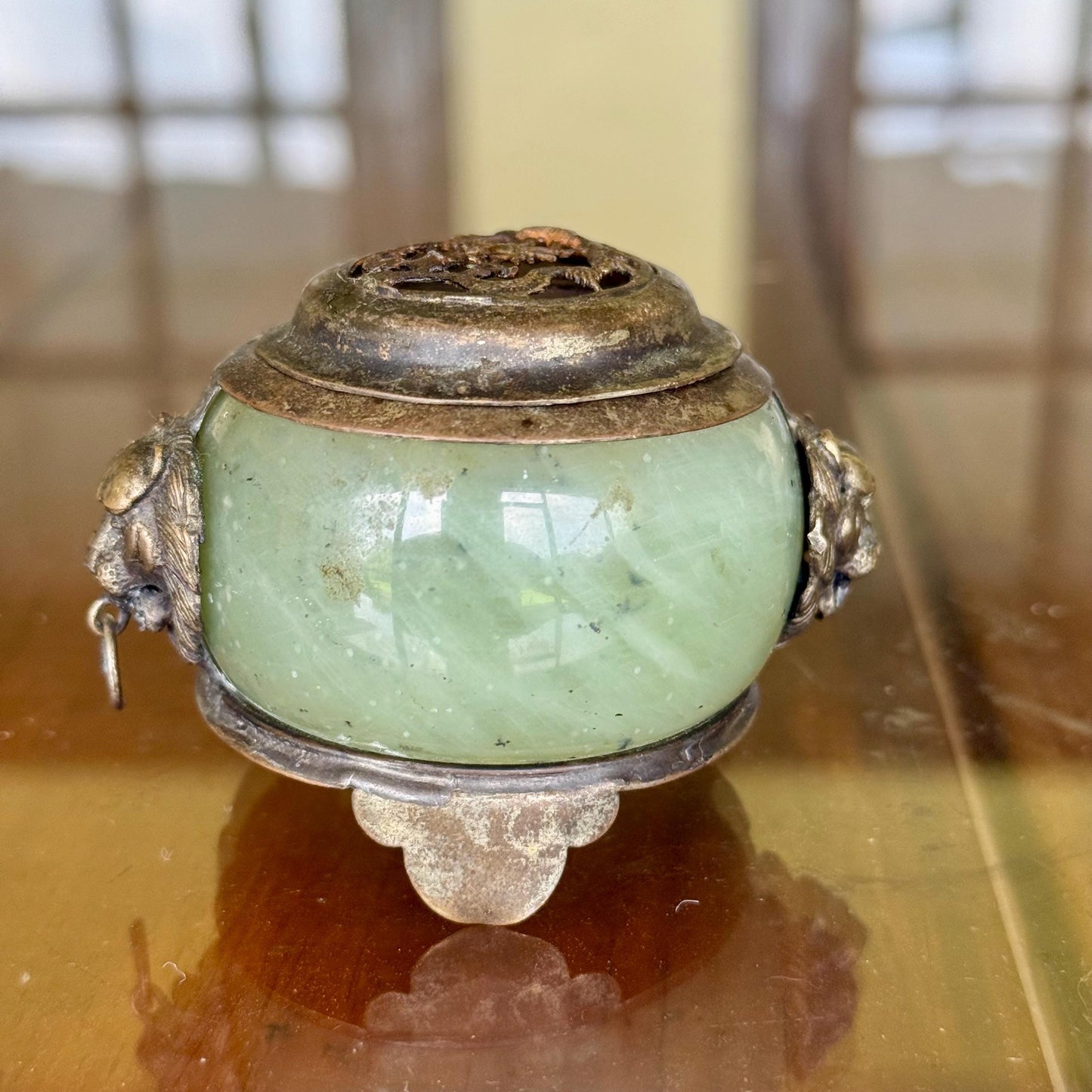 Antique Green Nephrite Jade and White Metal Foo Dog Dragon Incense Burner Jar Chinese
