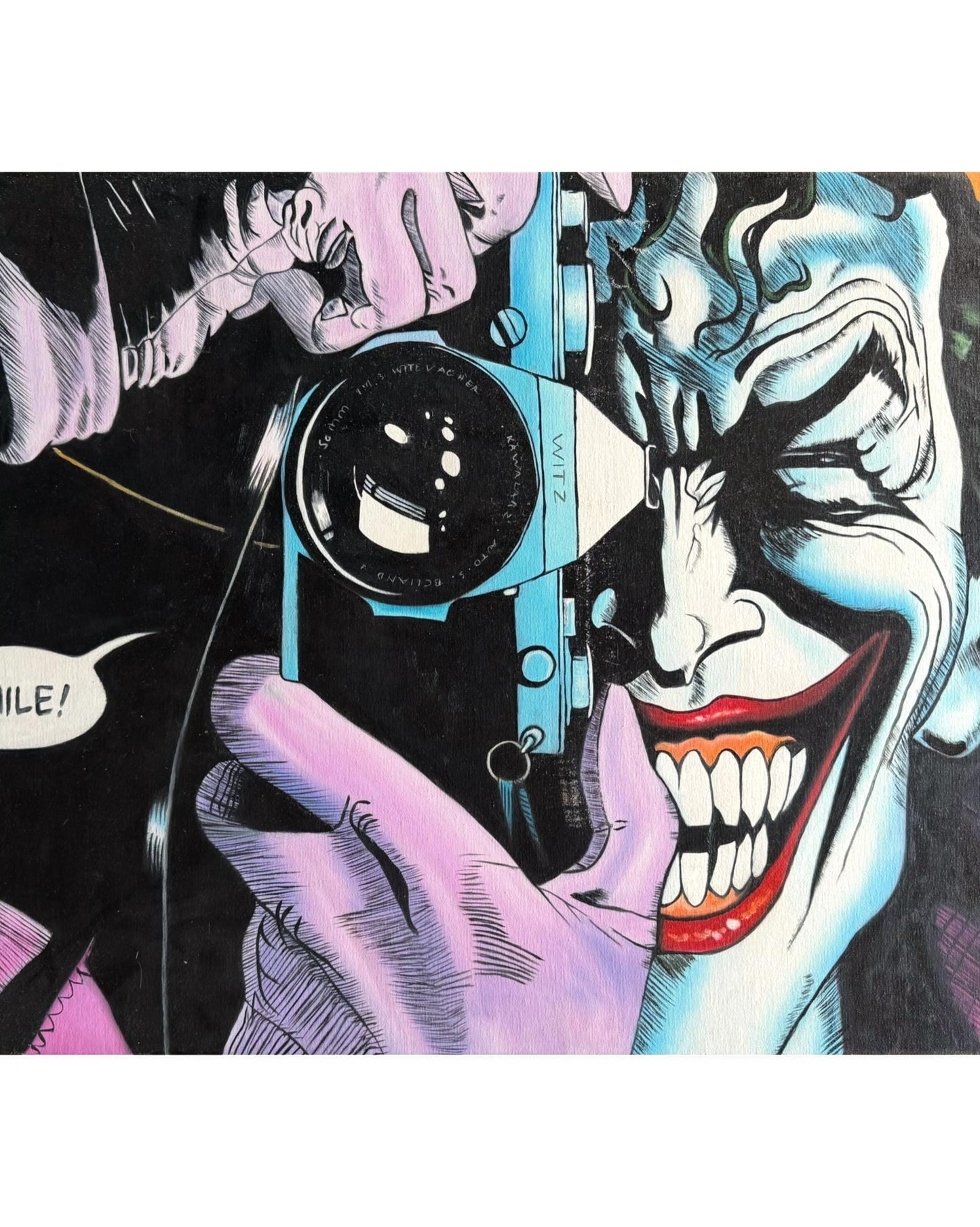 An Original Painted Canvas Art Joker Camera Smile DC Batman : The Killing Joke