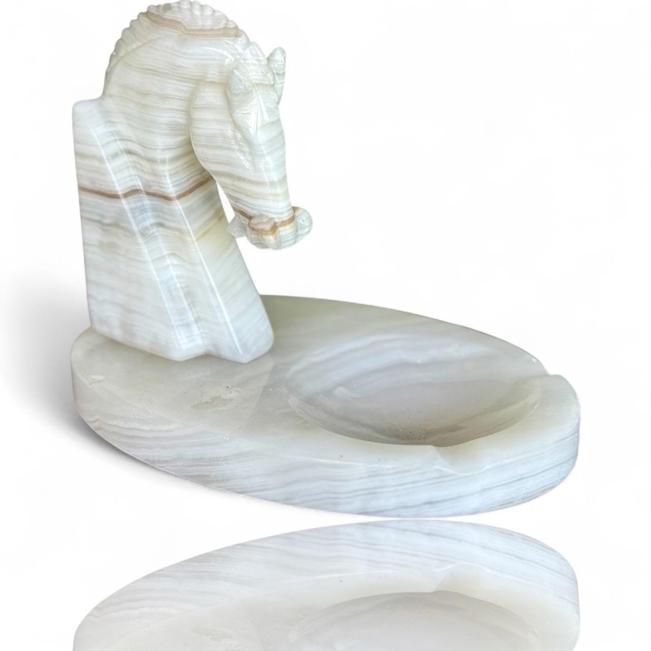 A Handmade Ashtray White Marble Onyx Sculptured Chess Trojan Horse Head Display