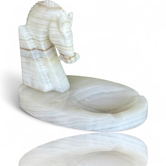 A Handmade Ashtray White Marble Onyx Sculptured Chess Trojan Horse Head Display
