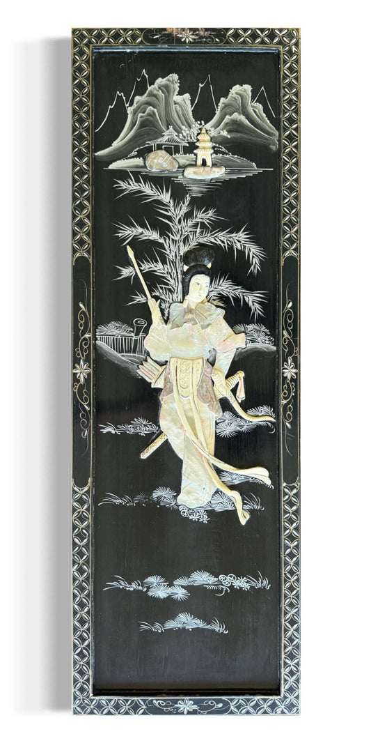 A Vintag Mother Of Pearl Asian Art Hand Painting Wall Hanging Wood Black Lacquer