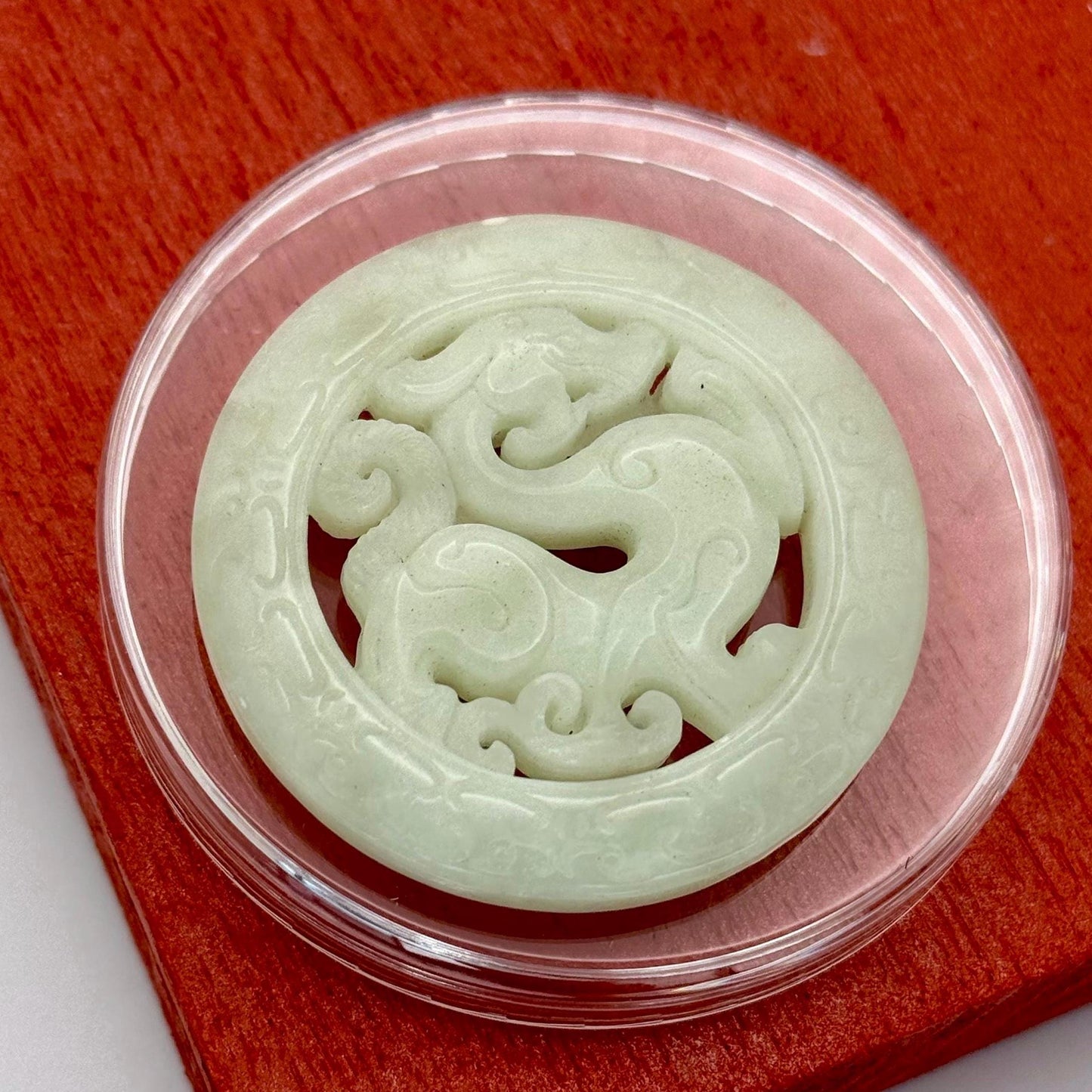 A Very Light Green Natural Jade Amulet Asian Hand Carved Dragon Round Medallion