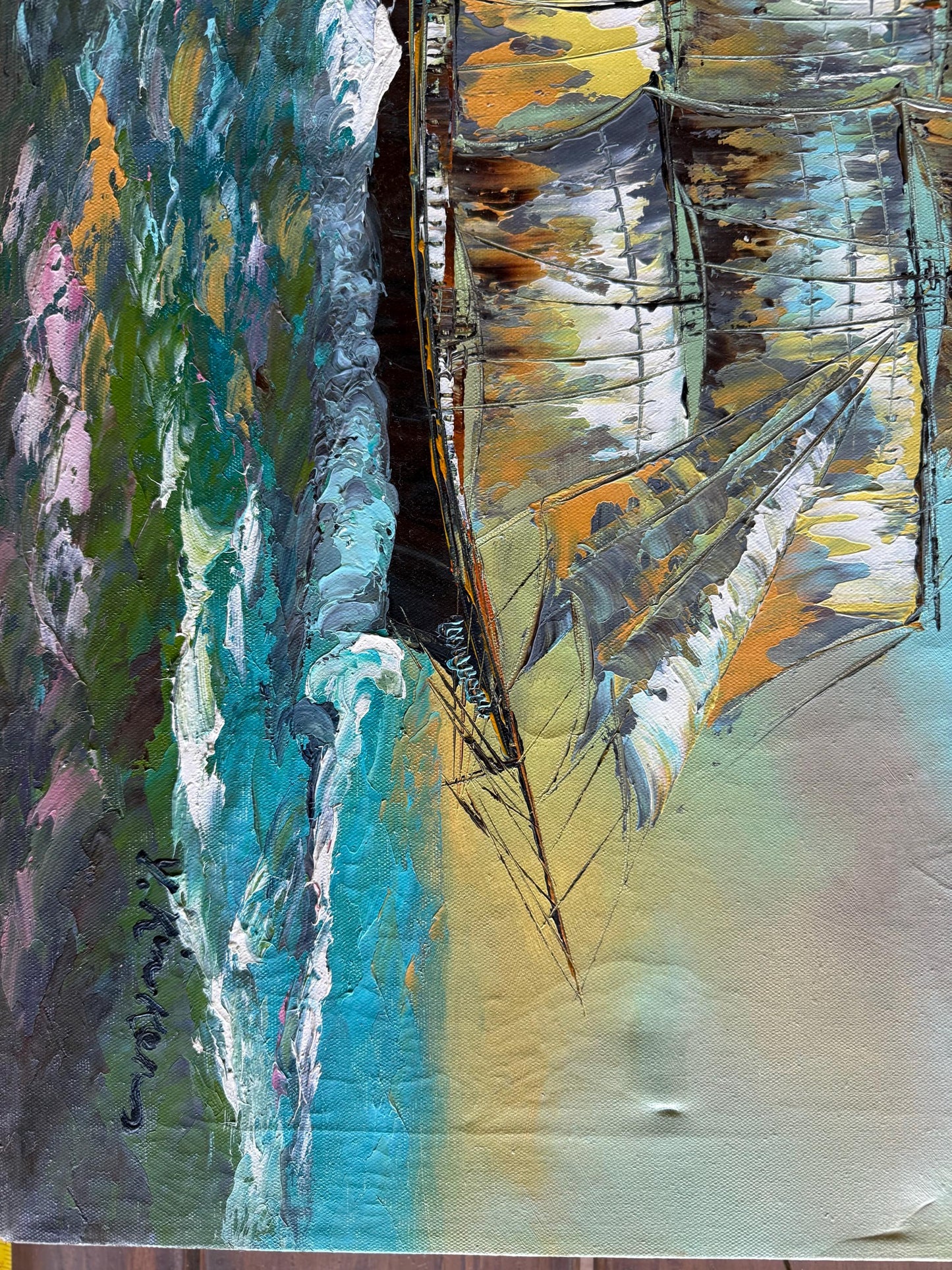 A Vtg Painted Canvas Signed Original Maritime 20th Century Ship Sea Art Y.Kinker