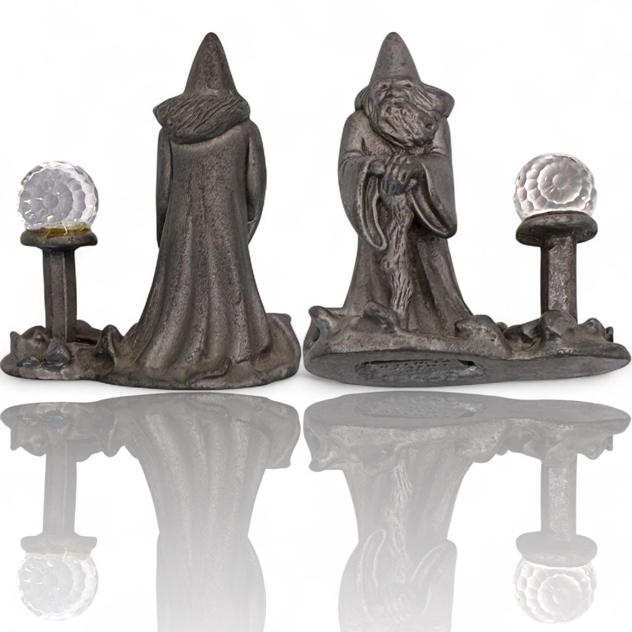 A vintage miniature mini solid pewter wizard with crystal ball figure