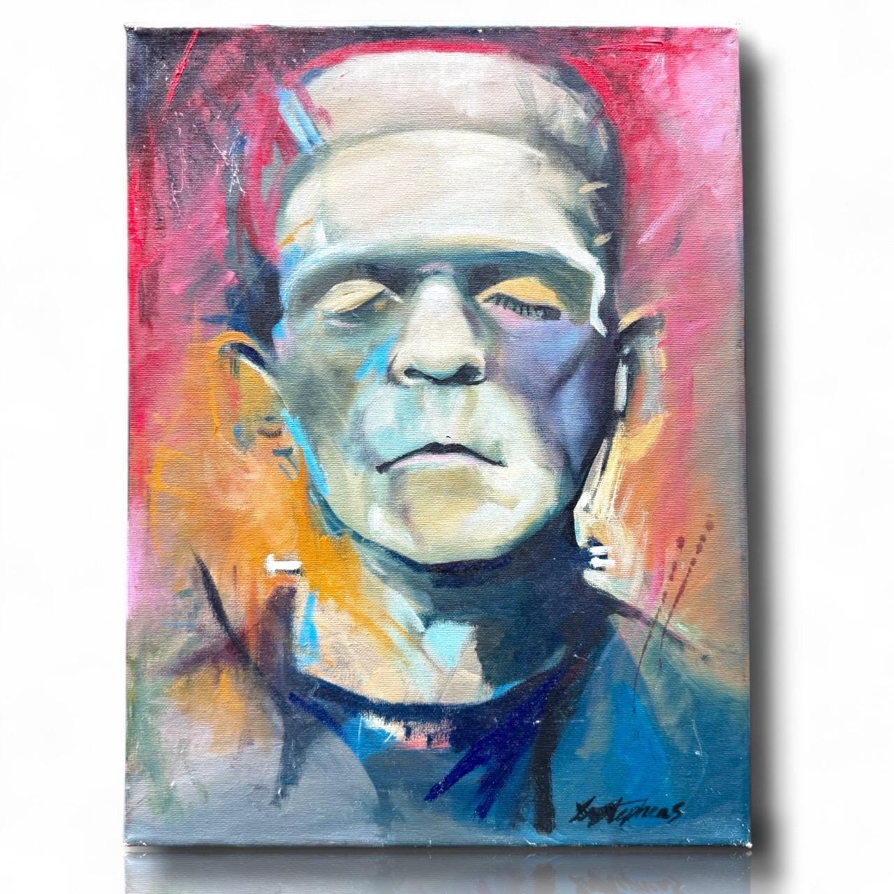 A Painted Canvas Signed Dated Original Frankenstein Monster Boris Karloff Art