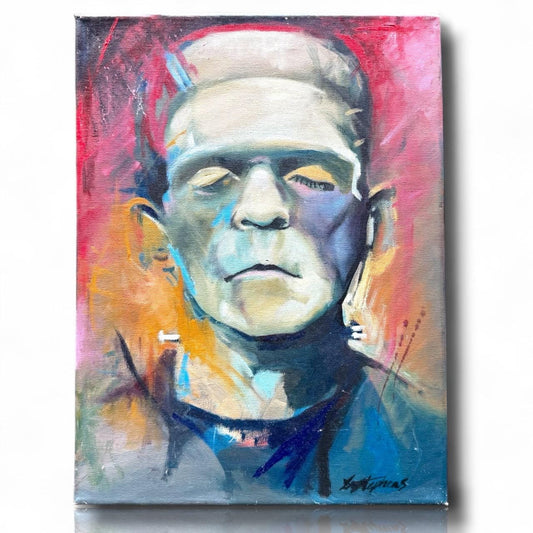 A Painted Canvas Signed Dated Original Frankenstein Monster Boris Karloff Art