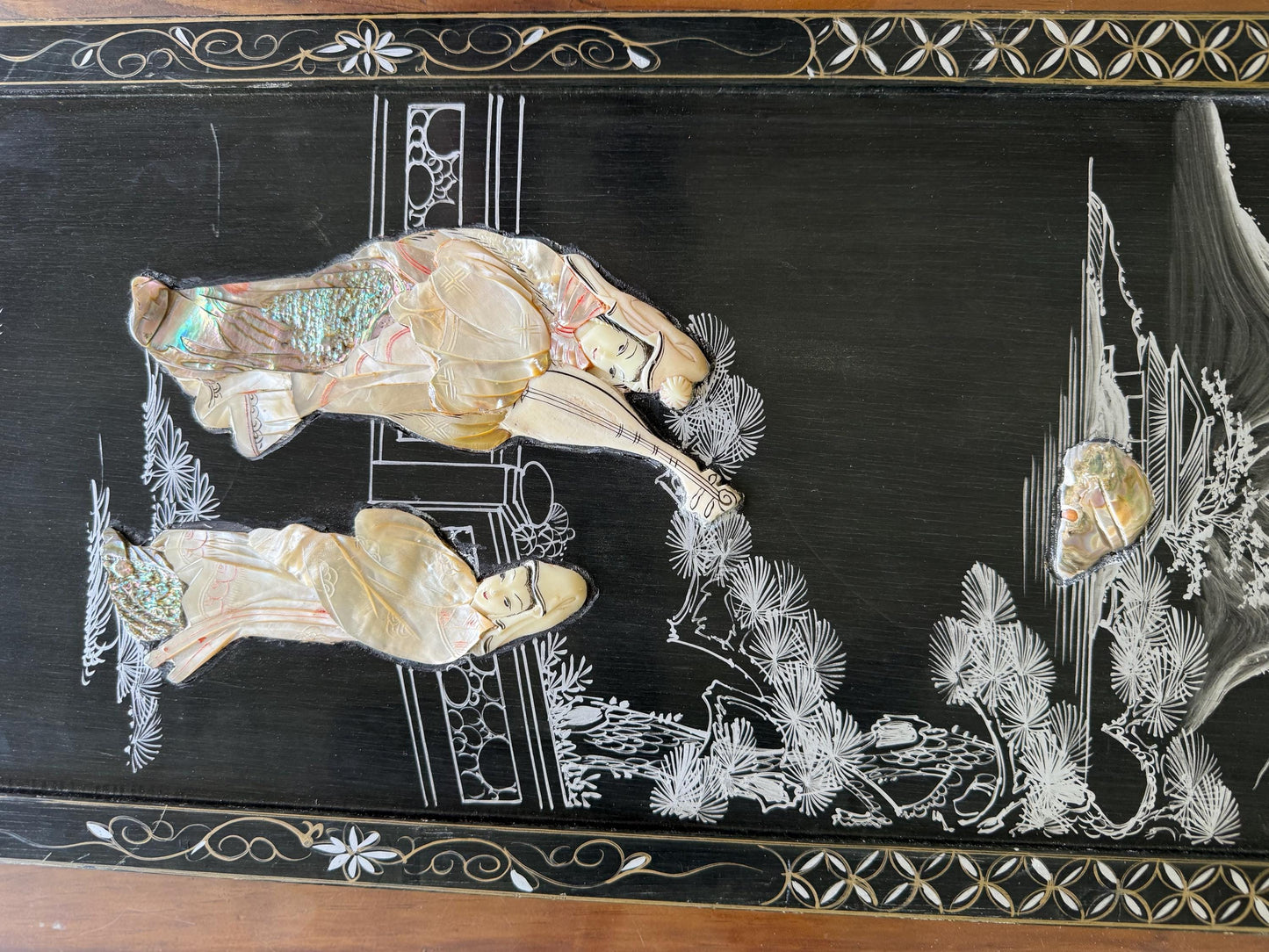 A Vintag Mother Of Pearl Asian Art Hand Painting Wall Hanging Wood Black Lacquer