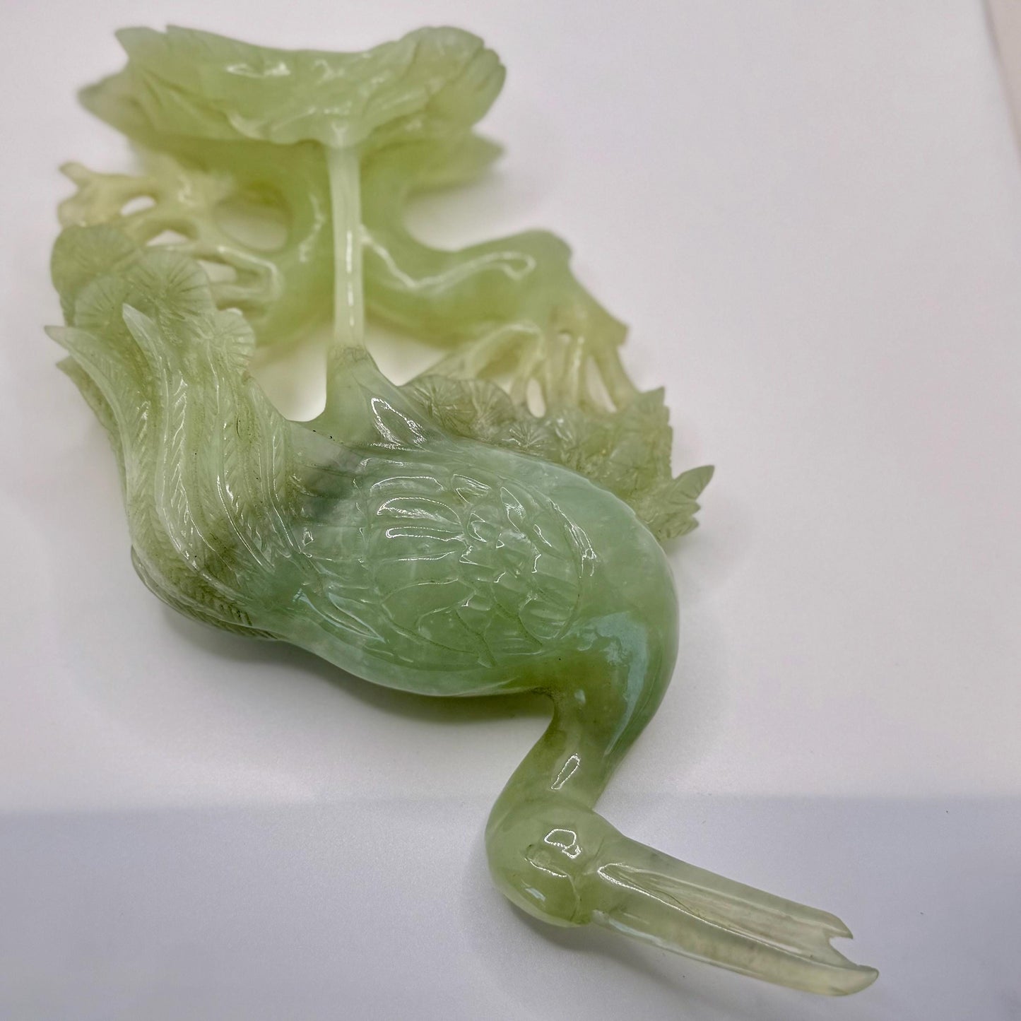 Antique Chinese Hand-Carved Light Green Jade Crane Bird Prunus Flower Sculpture Art