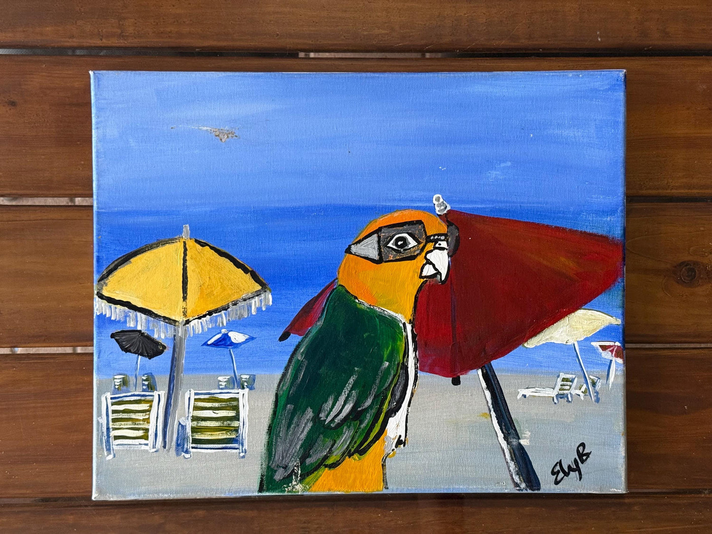 A Signed Artist Original Artwork Art Painted Canvas Island Parrot wearing Goggle