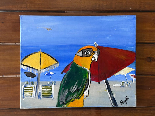 A Signed Artist Original Artwork Art Painted Canvas Island Parrot wearing Goggle