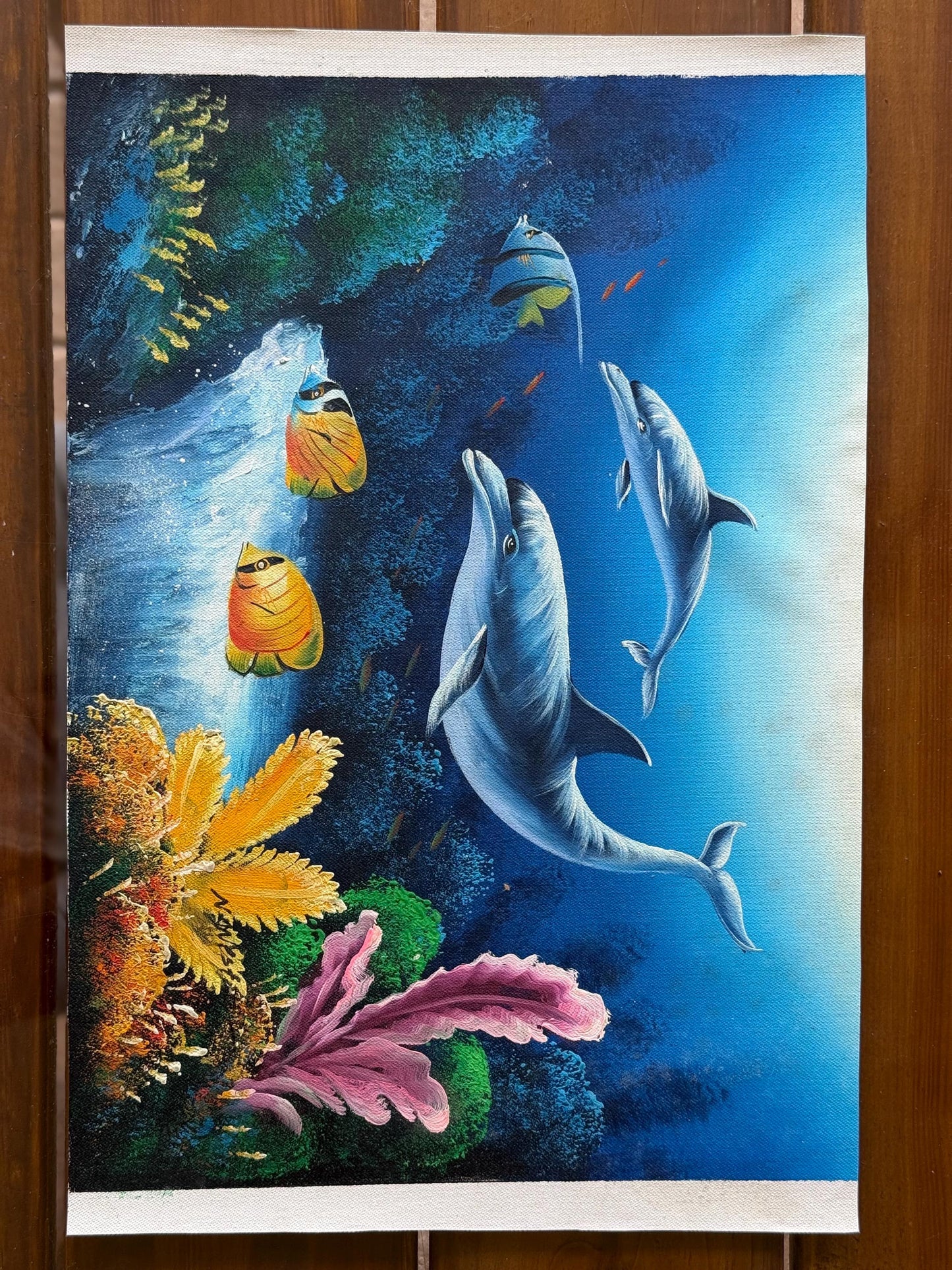 A Signed painted Original Canvas Underwater Sea Reef Dolphins Fish world art