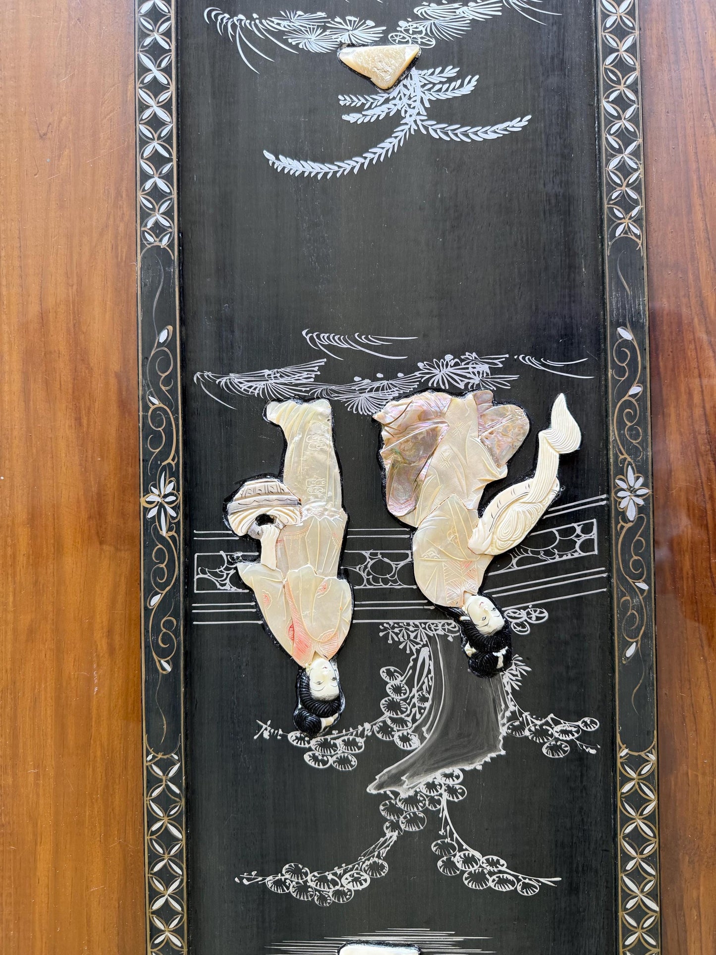 A Vintag Mother Of Pearl Asian Art Hand Painting Wall Hanging Wood Black Lacquer
