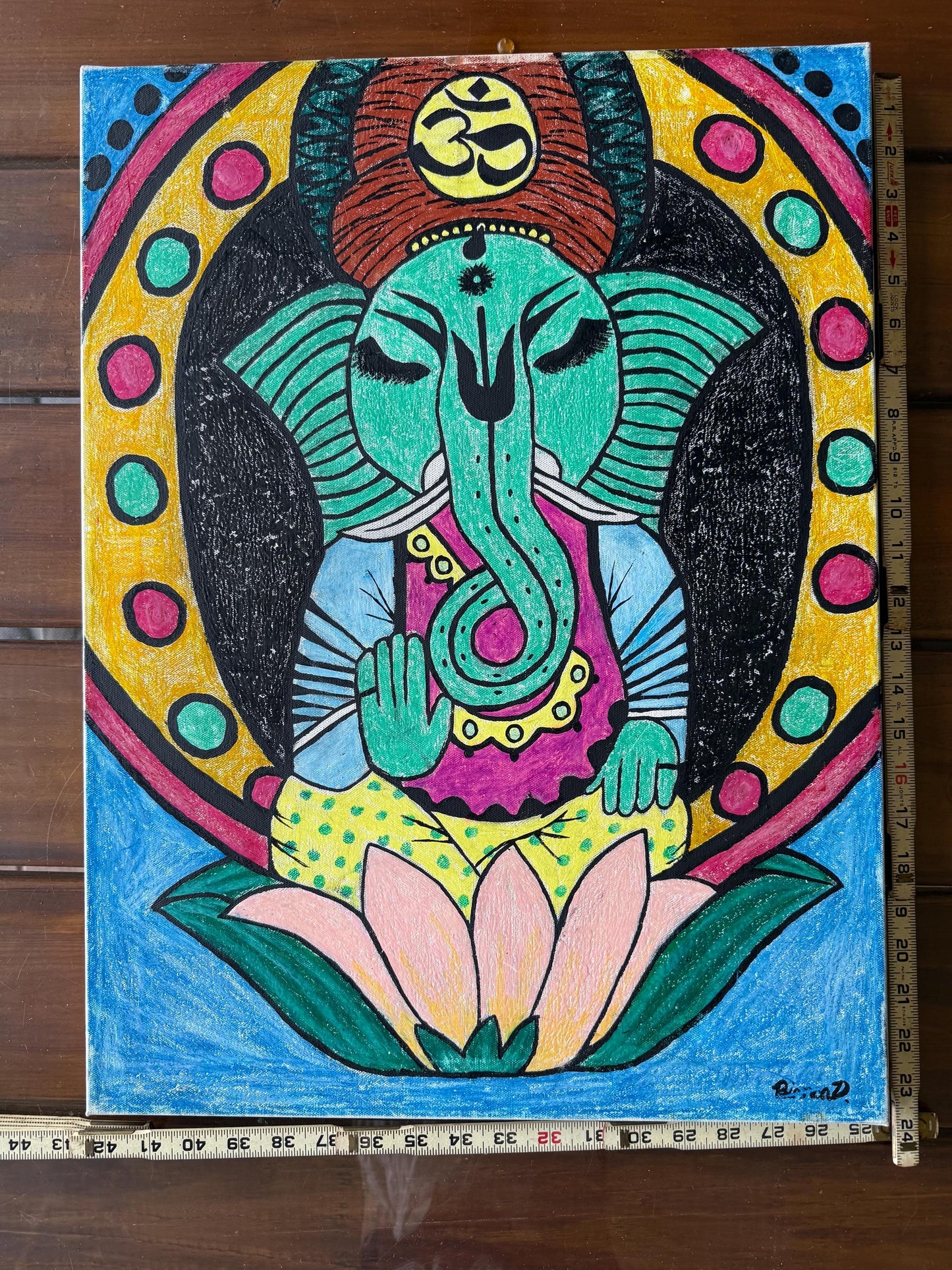An Original Painted Canvas Artist Art Signed Ganesh Artwork Spiritual Drawing