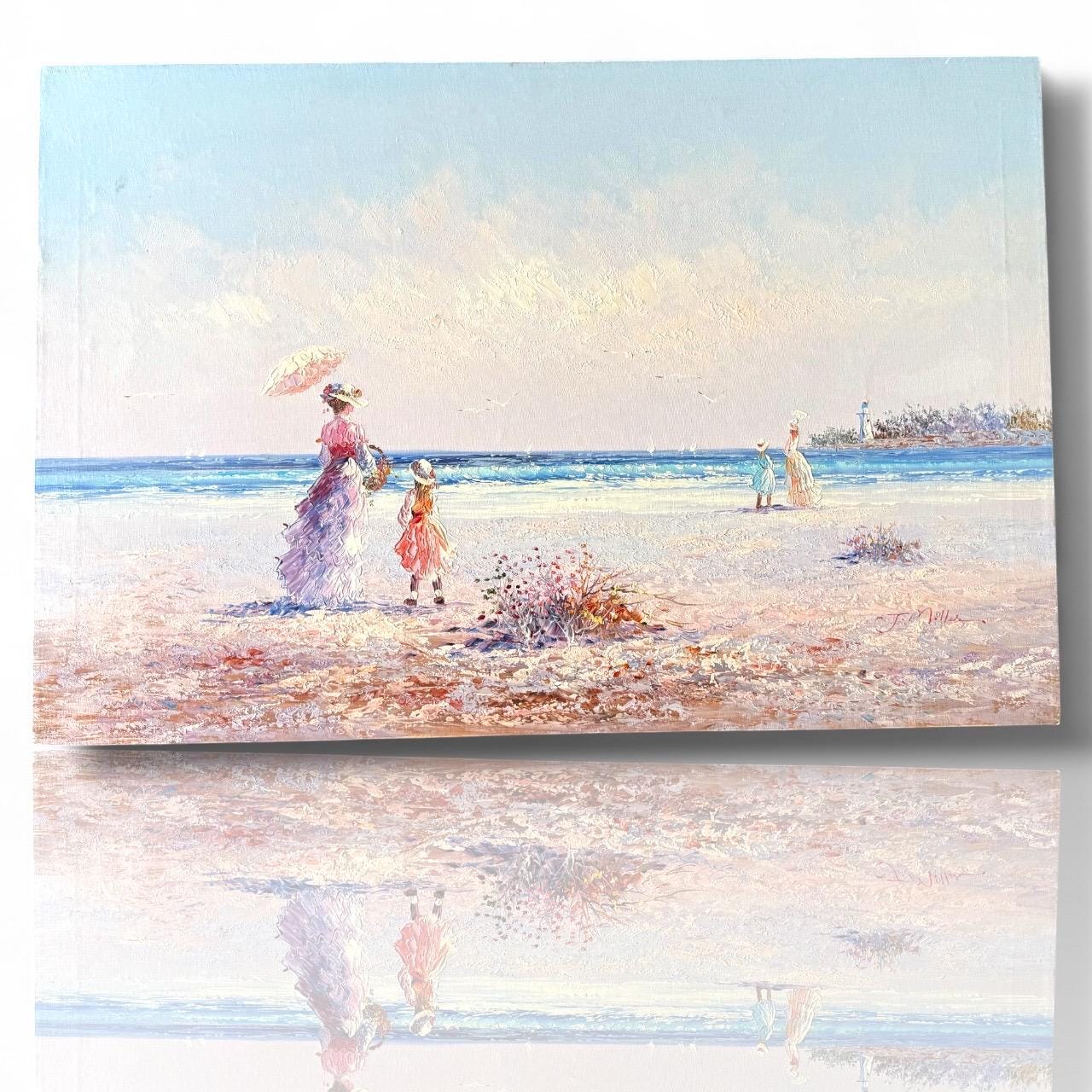 A J.Miller Signed Original Painted Canvas Art French Lady Ocean Side Beach Artwork
