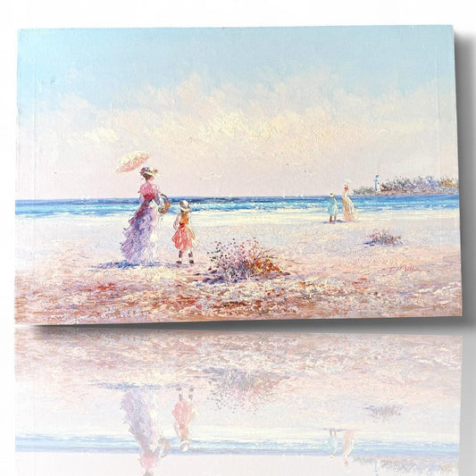 A J.Miller Signed Original Painted Canvas Art French Lady Ocean Side Beach Artwork