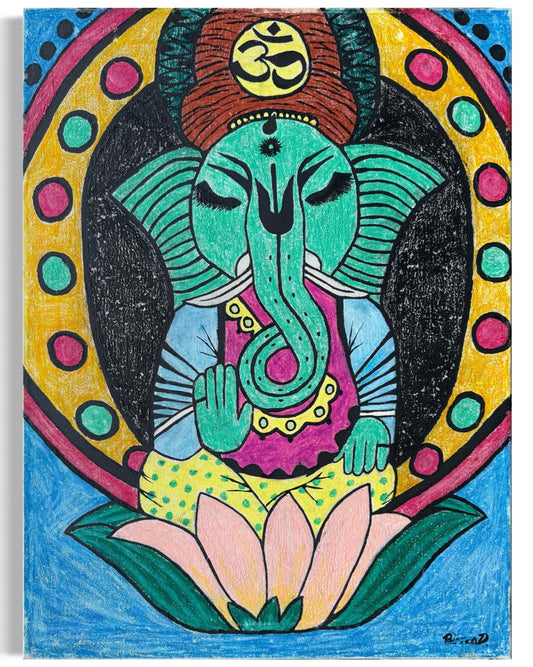 An Original Painted Canvas Artist Art Signed Ganesh Artwork Spiritual Drawing