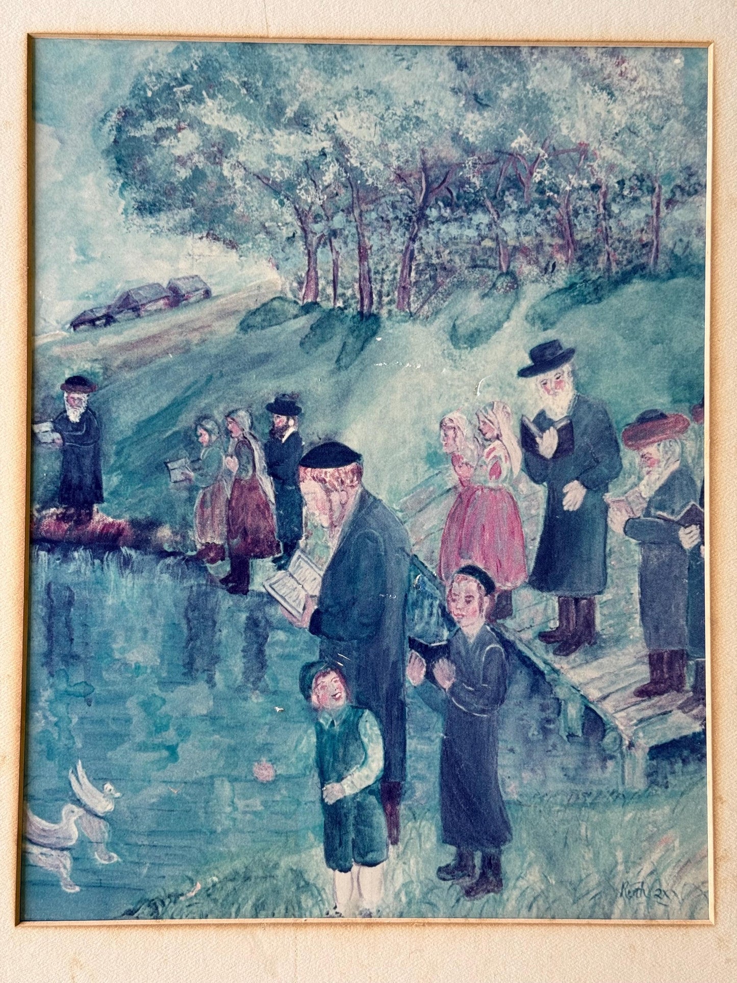 A vintage folksy Judaica lithograph of painting birkat halevana artwork art Old