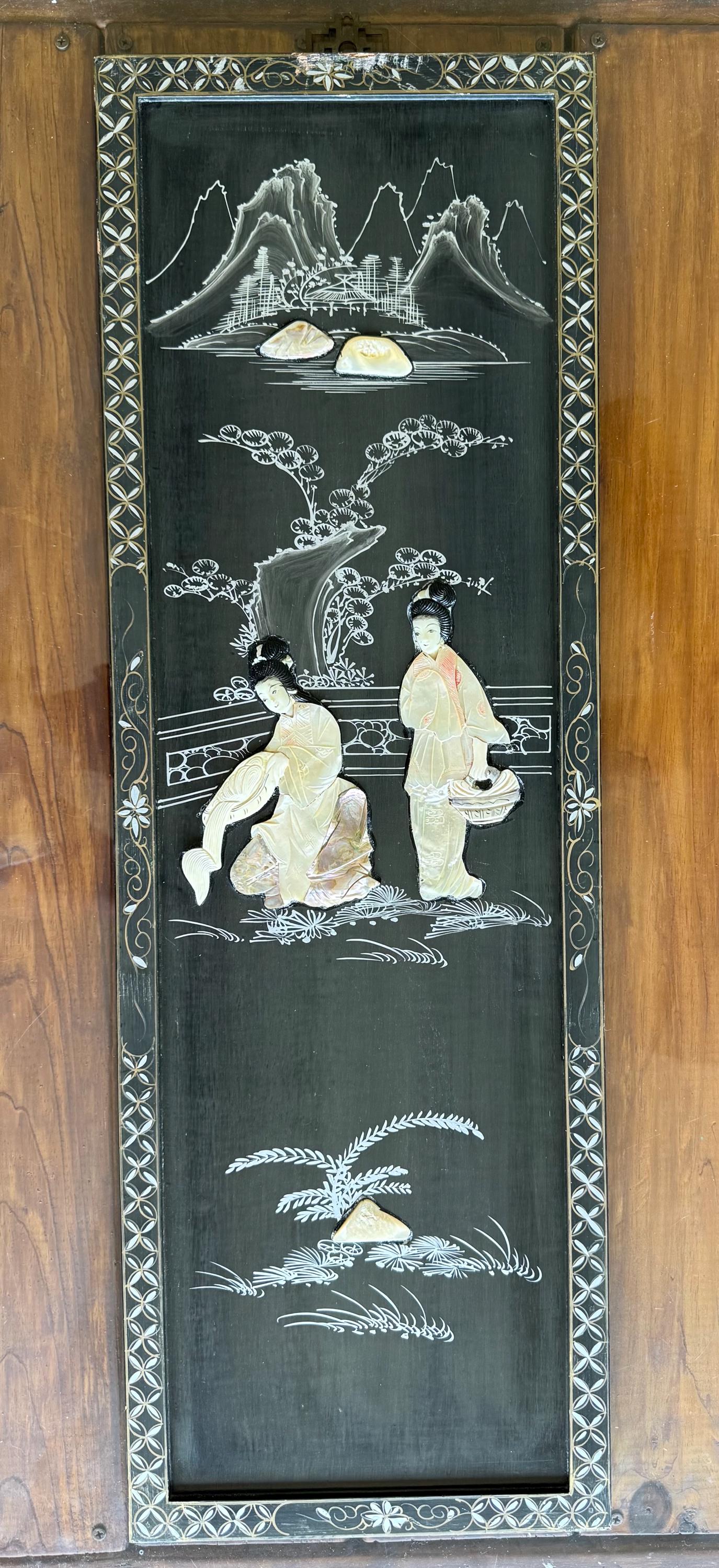 A Vintag Mother Of Pearl Asian Art Hand Painting Wall Hanging Wood Black Lacquer