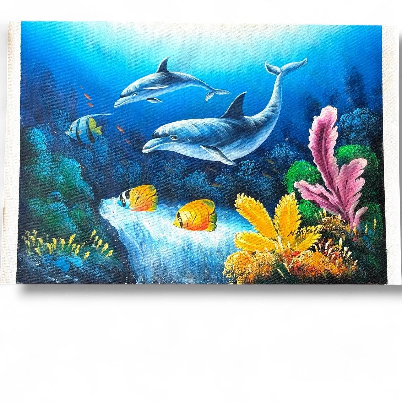 A Signed painted Original Canvas Underwater Sea Reef Dolphins Fish world art