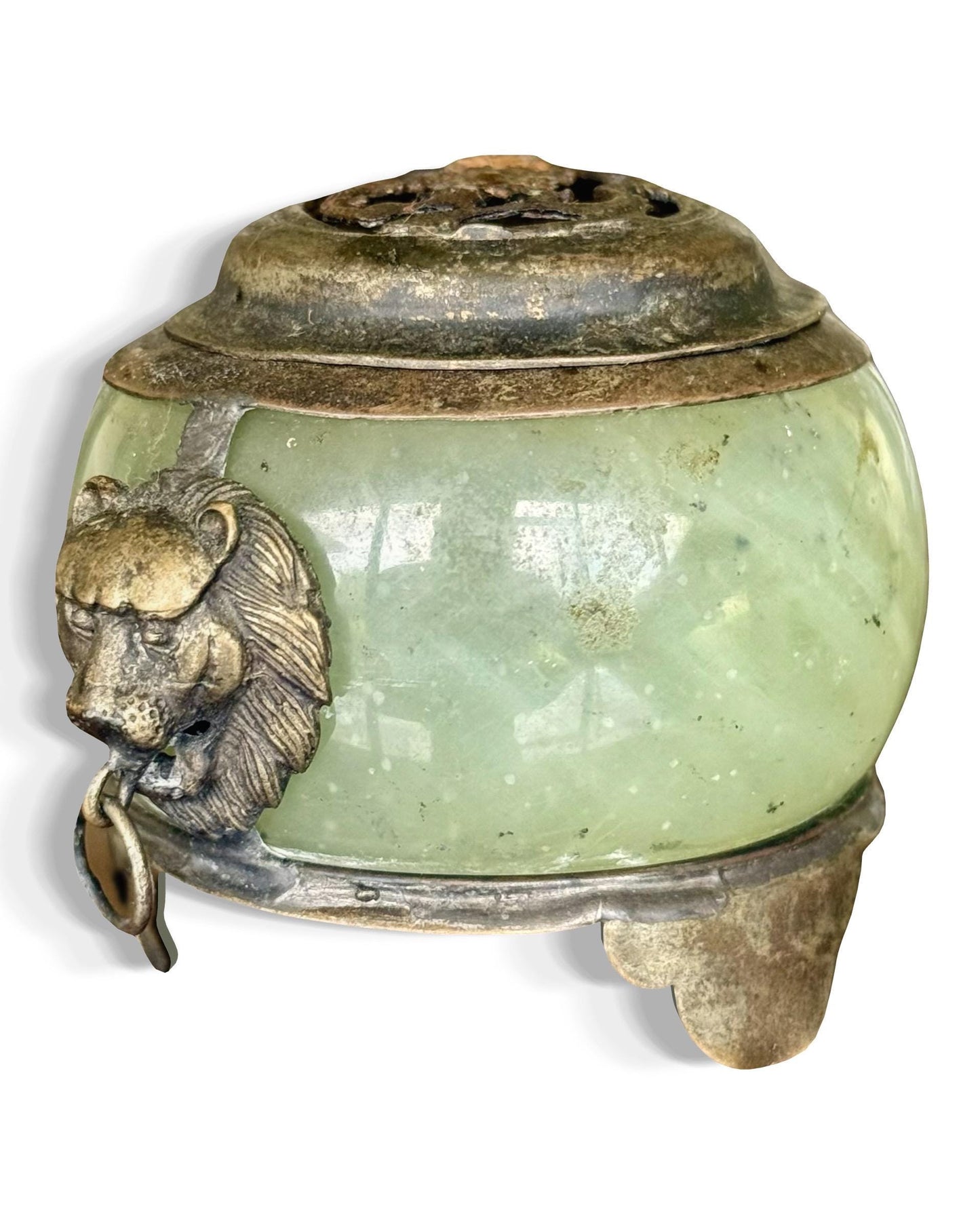 Antique Green Nephrite Jade and White Metal Foo Dog Dragon Incense Burner Jar Chinese