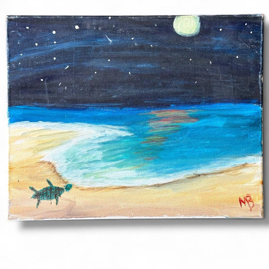 A painted canvas original artwork turtle sea moon night amateur not? Art artist